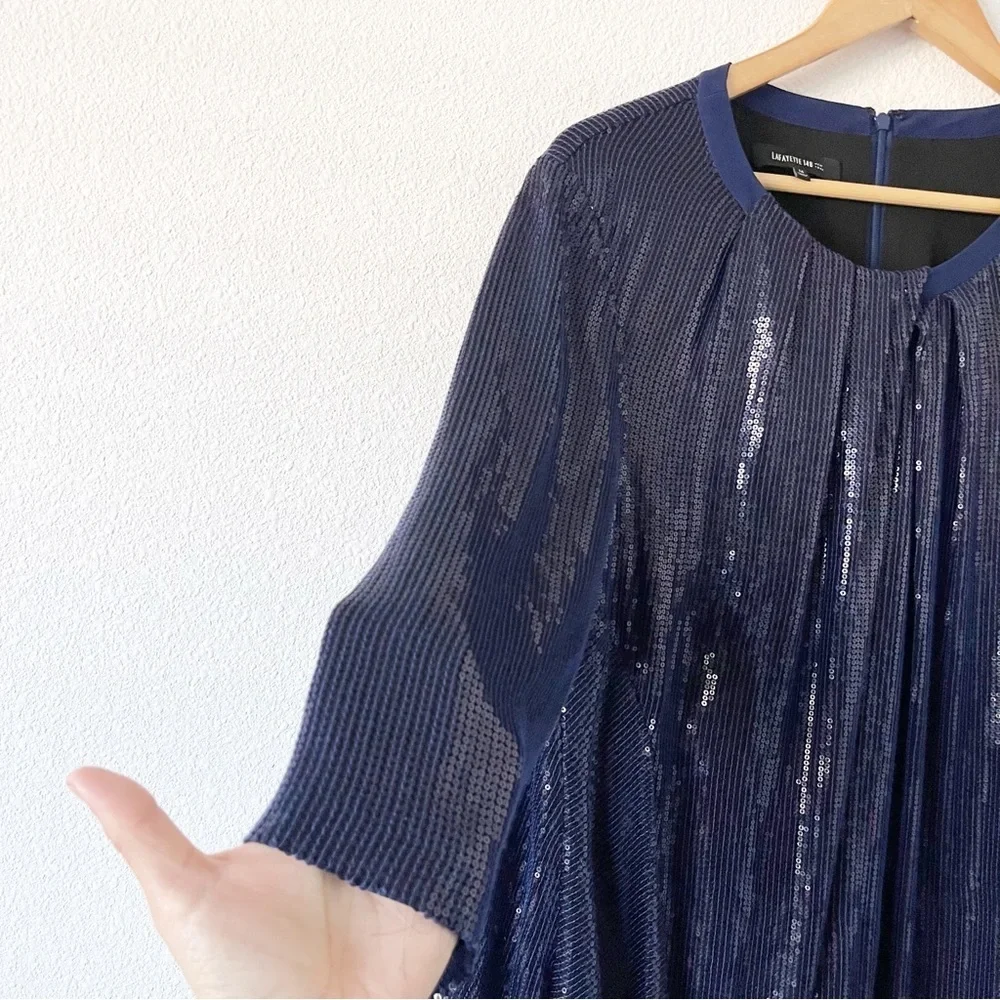 Lafayette 148 New York Navy Silk Sequin Asymmetrical Tunic Dress Cocktail Party